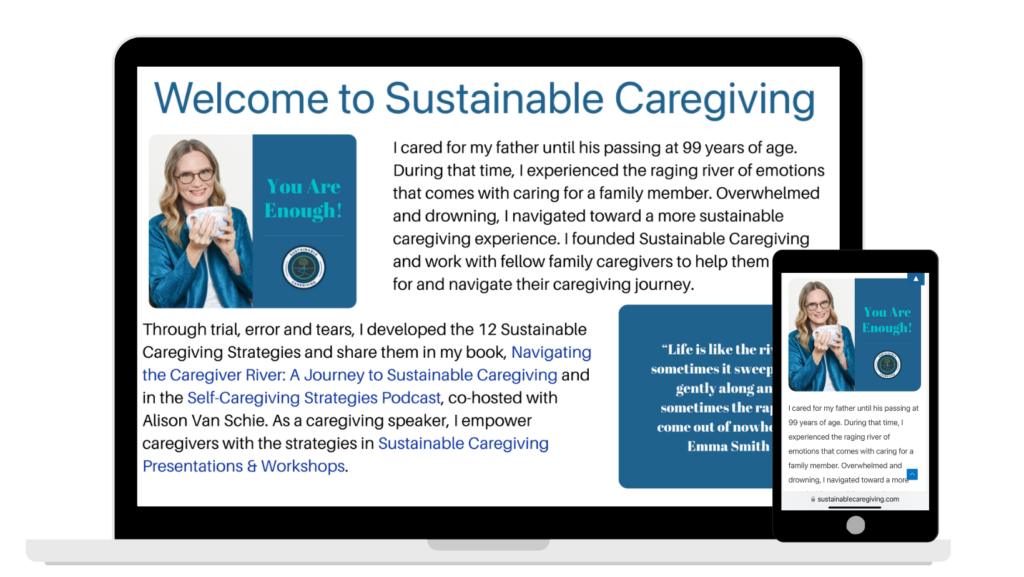 Sustainable Caregiving welcome page for desktop and mobile